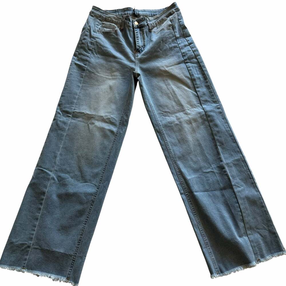 PrettyGarden High-Waisted Wide-Leg Seamed Front Raw Hem Jeans